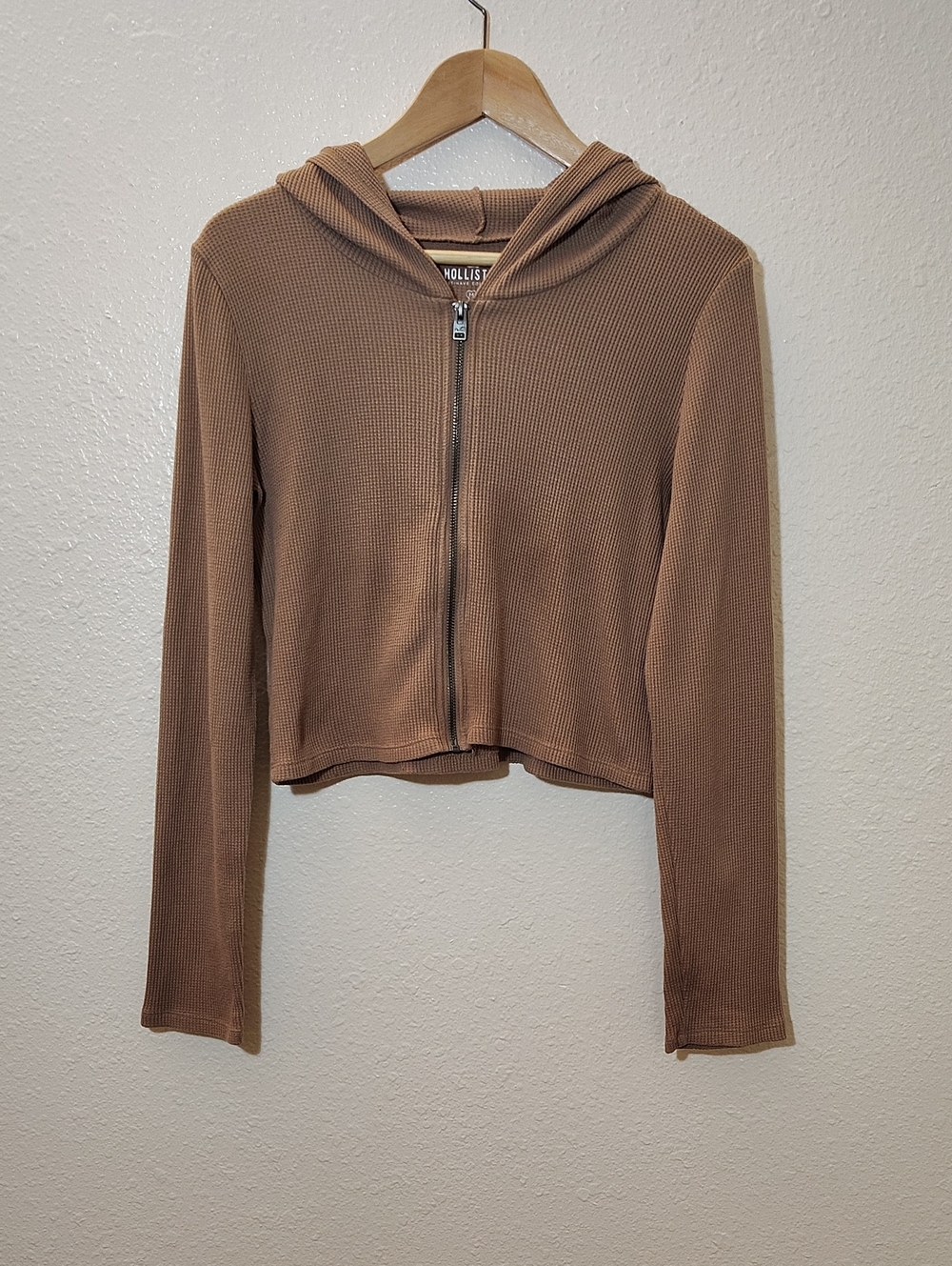 Hollister Brown Waffle Knit Crop Zip Up Sweater